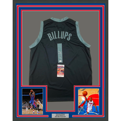 Framed Autographed/Signed Chauncey Billups 35x39 Detroit Black Basketball Jersey JSA COA