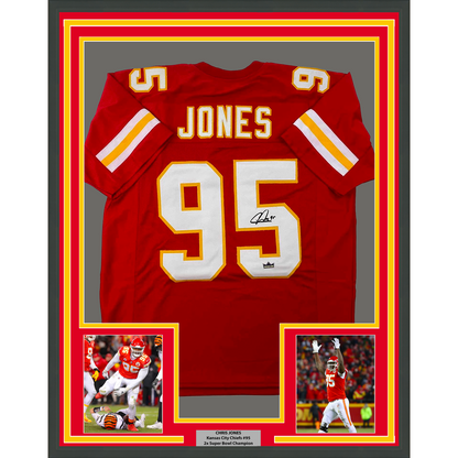 Framed Facsimile Autographed Chris Jones 35x39 Kansas City Red Reprint Laser Auto Football Jersey