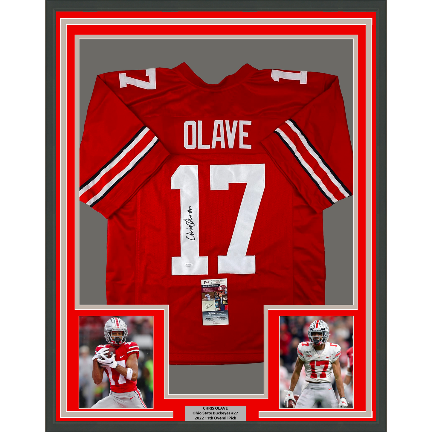 Framed Autographed/Signed Chris Olave 35x39 Ohio State Red College Football Jersey JSA COA