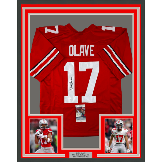 Framed Autographed/Signed Chris Olave 35x39 Ohio State Red College Football Jersey JSA COA