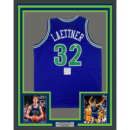 Framed Autographed/Signed Christian Laettner 35x39 Minnesota Blue Basketball Jersey PSA/DNA COA
