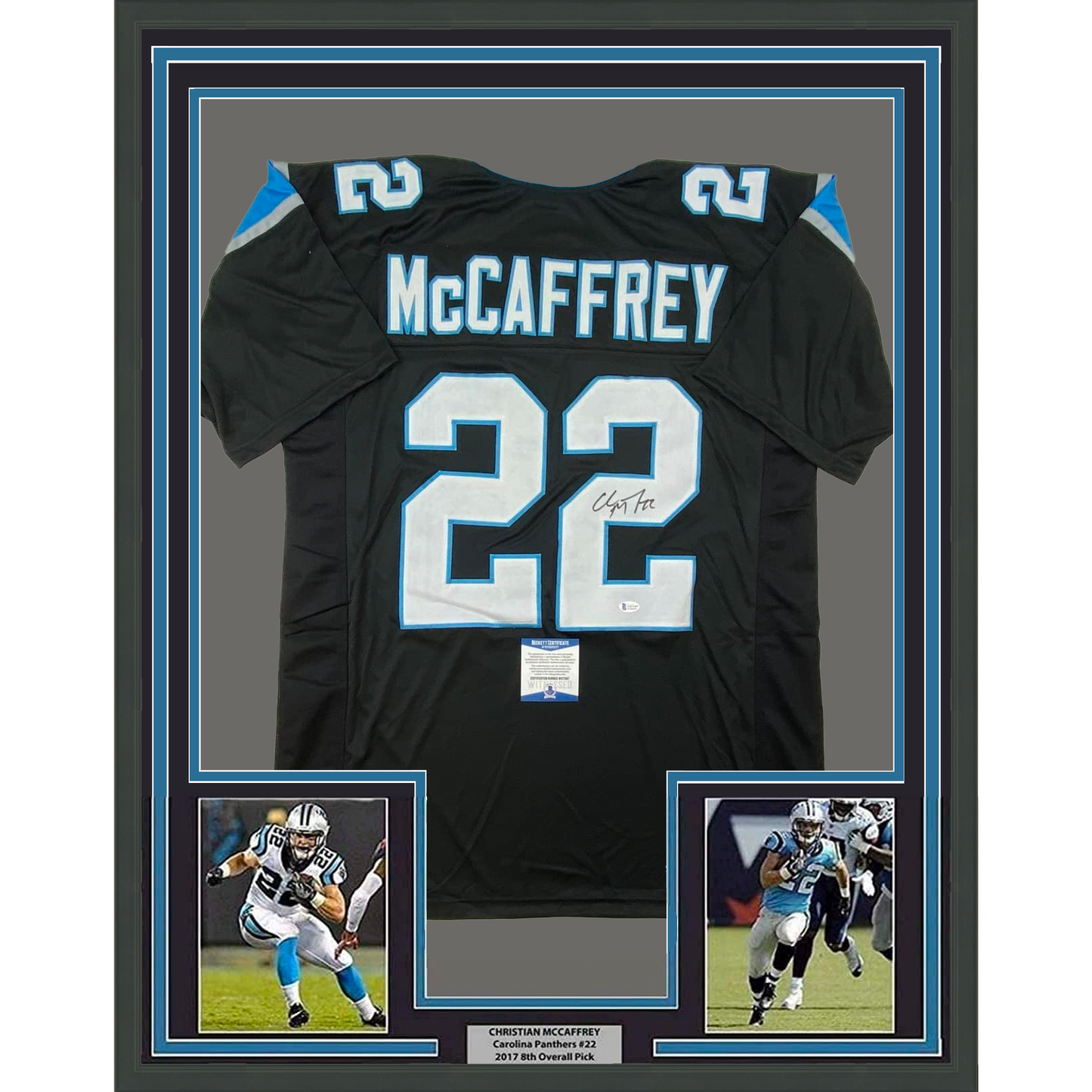 Framed Autographed/Signed Christian McCaffrey 35x39 Carolina Black Football Jersey Beckett BAS COA