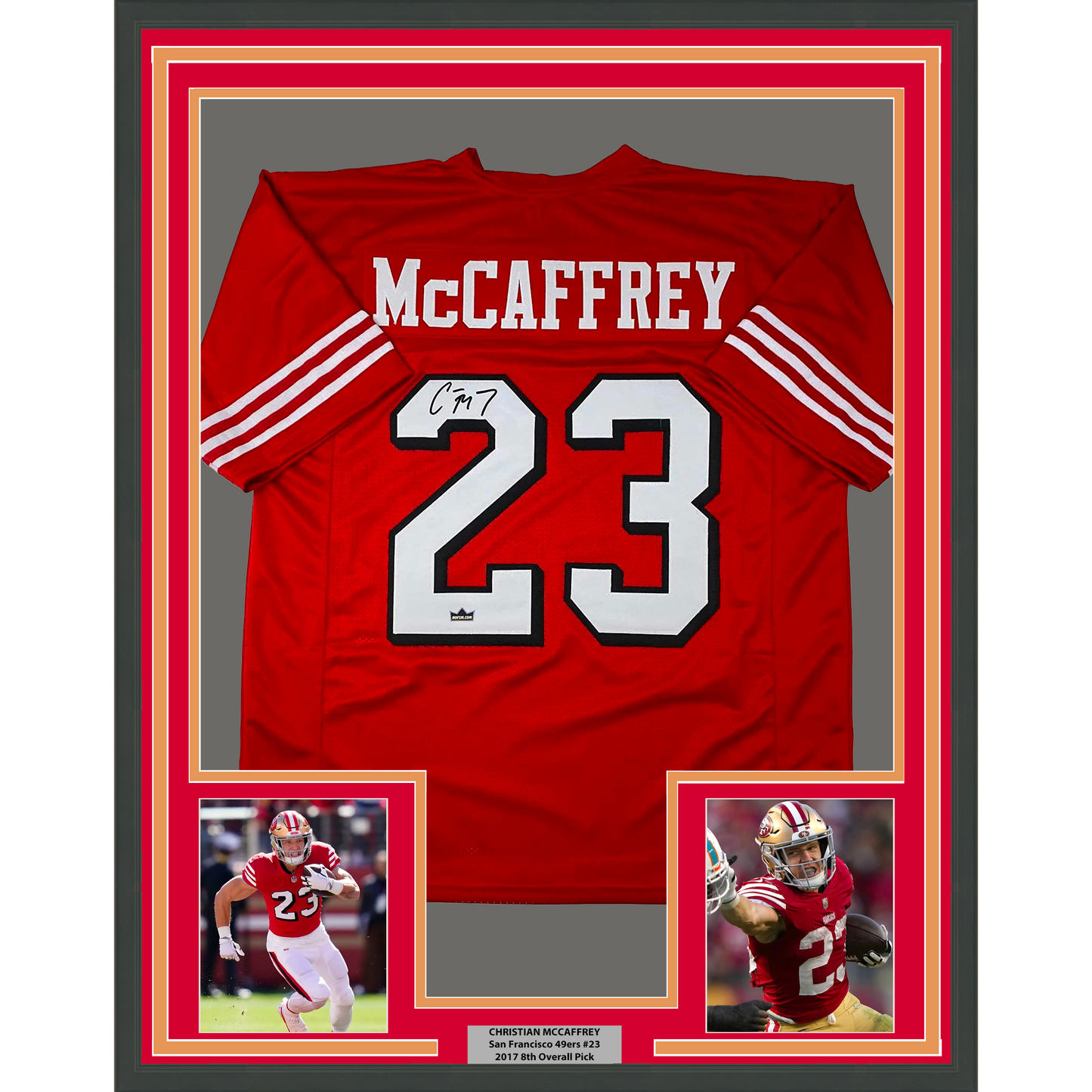 Framed Facsimile Autographed Christian McCaffrey 35x39 San Francisco Red Alternate Reprint Laser Auto Football Jersey