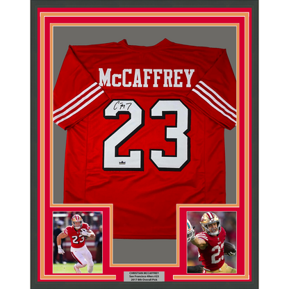 Framed Facsimile Autographed Christian McCaffrey 35x39 San Francisco Red Alternate Reprint Laser Auto Football Jersey