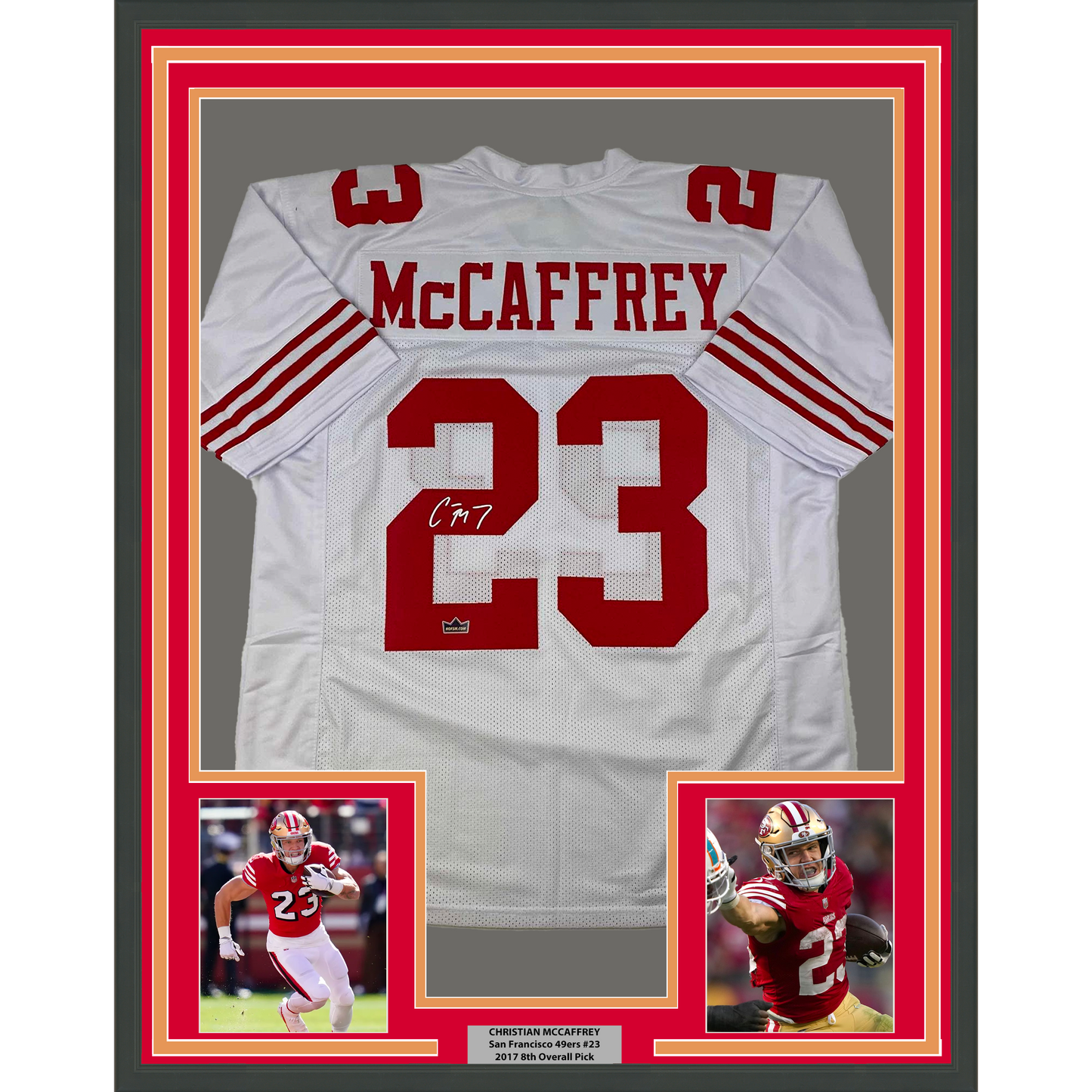 Framed Facsimile Autographed Christian McCaffrey 35x39 San Francisco White Reprint Laser Auto Football Jersey
