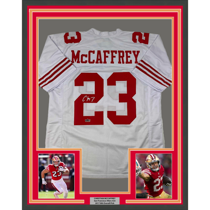 Framed Facsimile Autographed Christian McCaffrey 35x39 San Francisco White Reprint Laser Auto Football Jersey