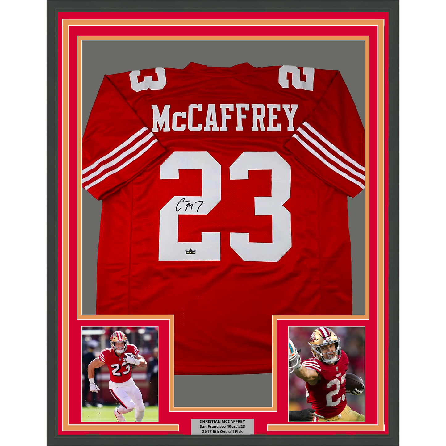 Framed Facsimile Autographed Christian McCaffrey 35x39 San Francisco Red Reprint Laser Auto Football Jersey