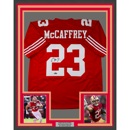 Framed Facsimile Autographed Christian McCaffrey 35x39 San Francisco Red Reprint Laser Auto Football Jersey