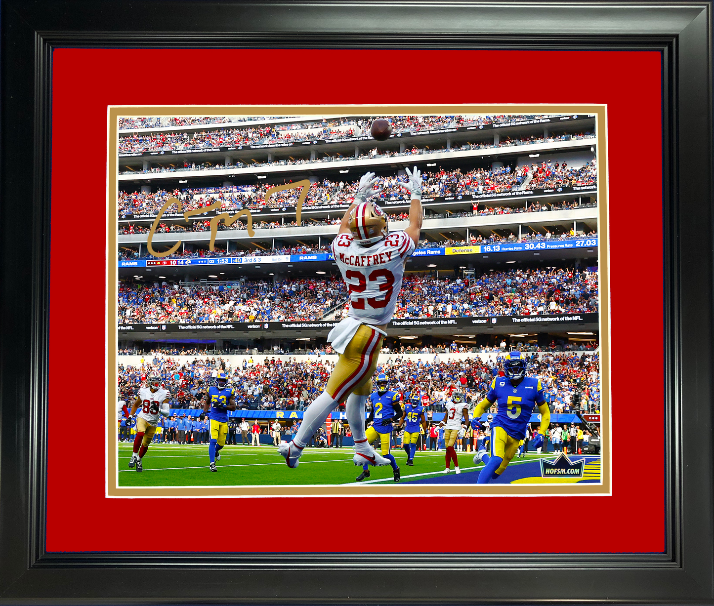 Framed Christian McCaffrey San Francisco 49ers Facsimile Laser Engraved Signature Auto 11"x14" Football Photo HOFSM Holo