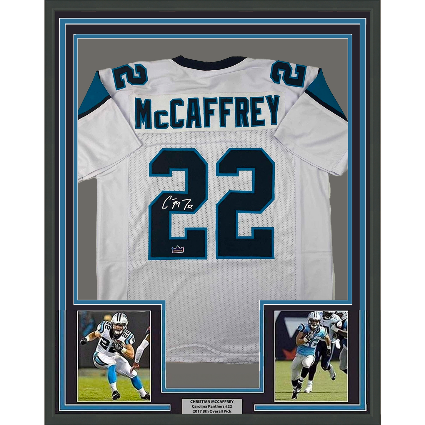 Framed Facsimile Autographed Christian McCaffrey 35x39 Carolina White Reprint Laser Auto Football Jersey