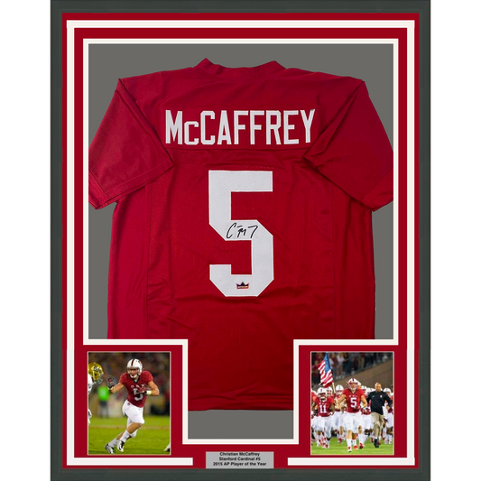 Framed Facsimile Autographed Christian McCaffrey 35x39 Stanford Red Reprint Laser Auto College Football Jersey
