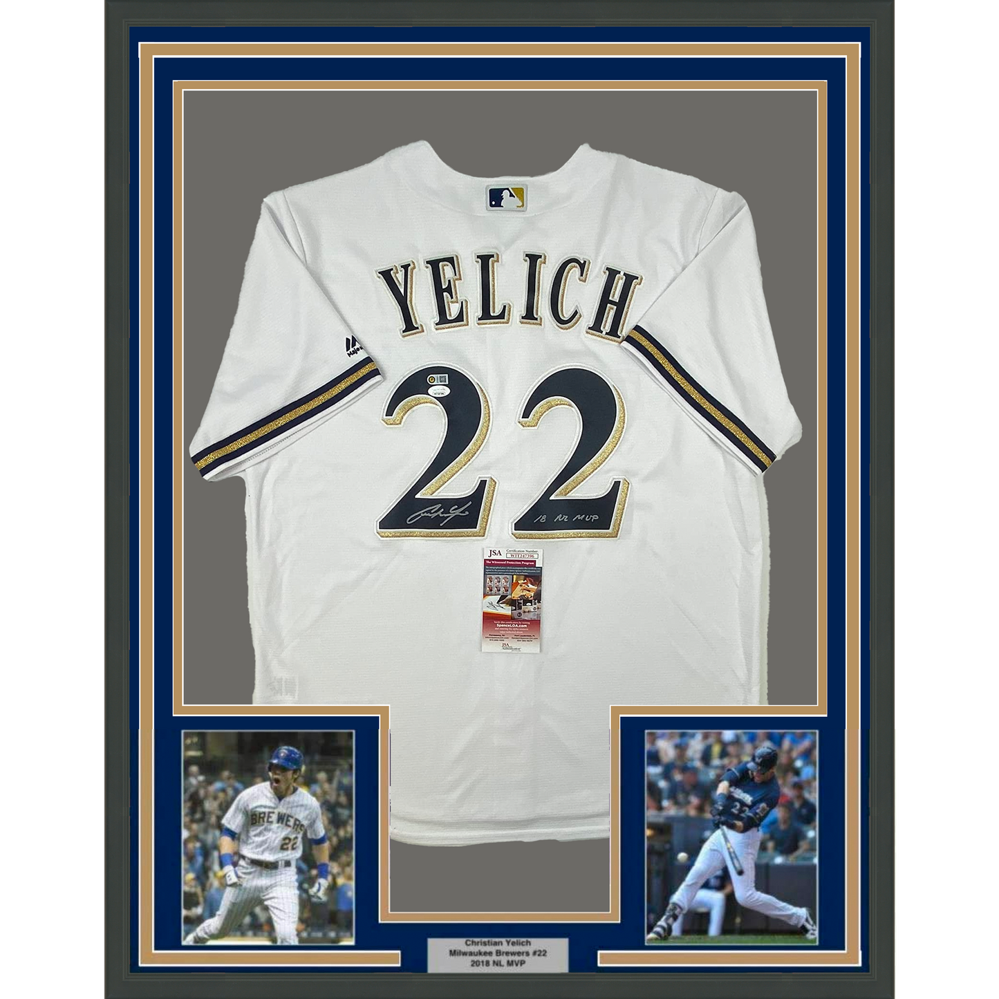 Framed Autographed/Signed Christian Yelich 35x39 18 NL MVP Milwaukee Brewers White Cool Base Baseball Jersey JSA COA