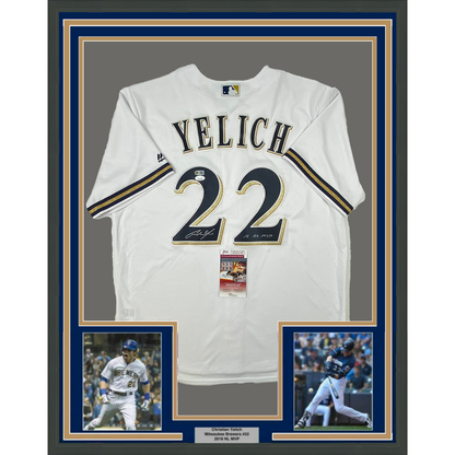 Framed Autographed/Signed Christian Yelich 35x39 18 NL MVP Milwaukee Brewers White Cool Base Baseball Jersey JSA COA
