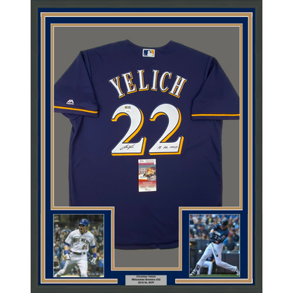 Framed Autographed/Signed Christian Yelich 35x39 18 NL MVP Milwaukee Brewers Blue Cool Base Baseball Jersey JSA COA