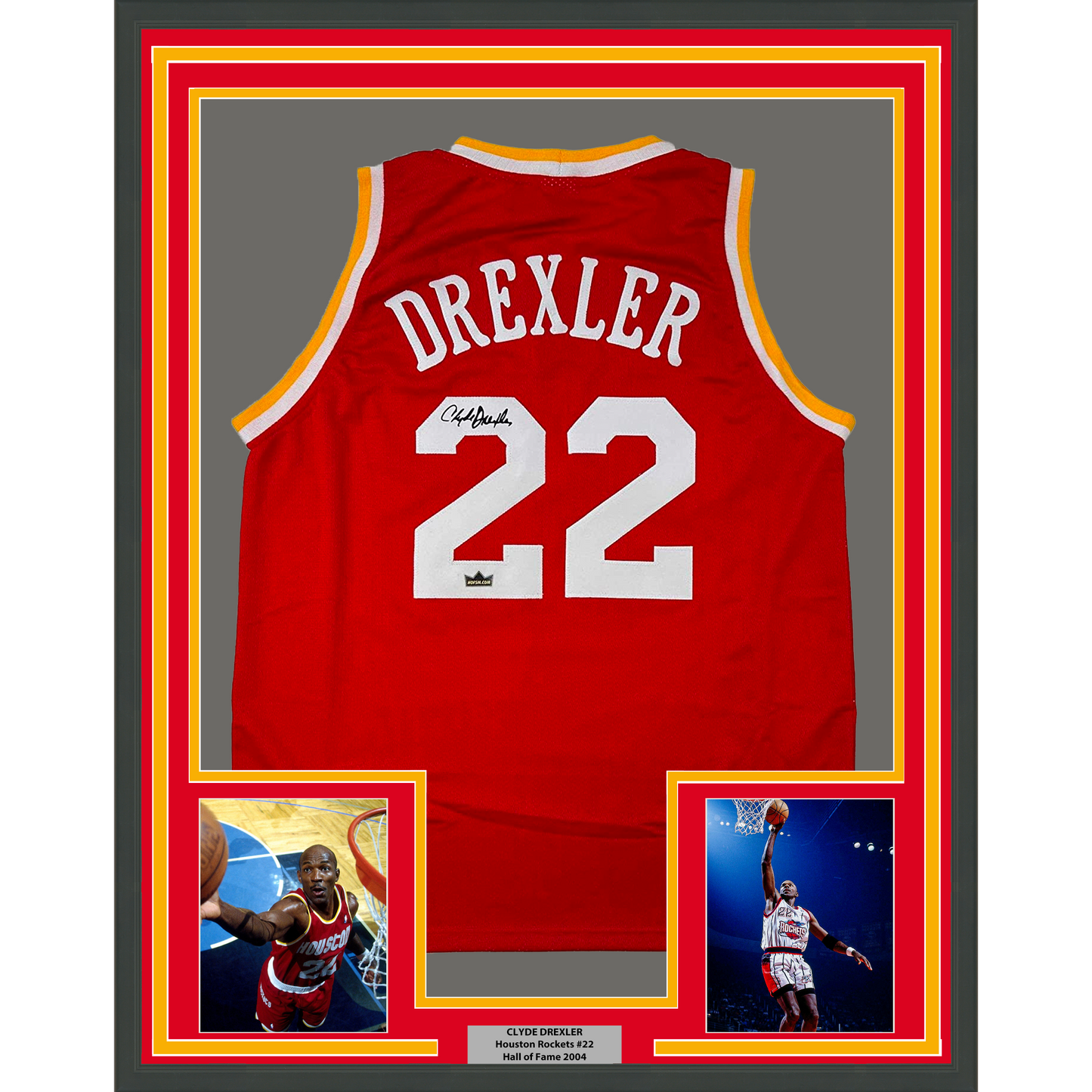 Framed Facsimile Autographed Clyde Drexler 35x39 Houston Red Reprint Laser Auto Basketball Jersey
