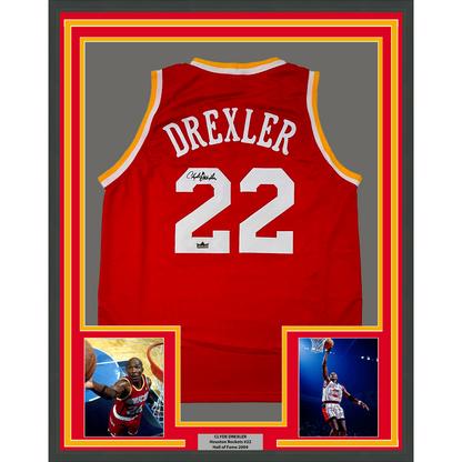 Framed Facsimile Autographed Clyde Drexler 35x39 Houston Red Reprint Laser Auto Basketball Jersey