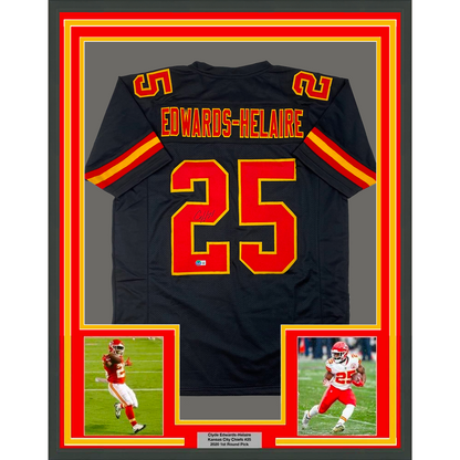 Framed Autographed/Signed Clyde Edwards-Helaire 35x39 Kansas City Black Football Jersey Beckett BAS COA