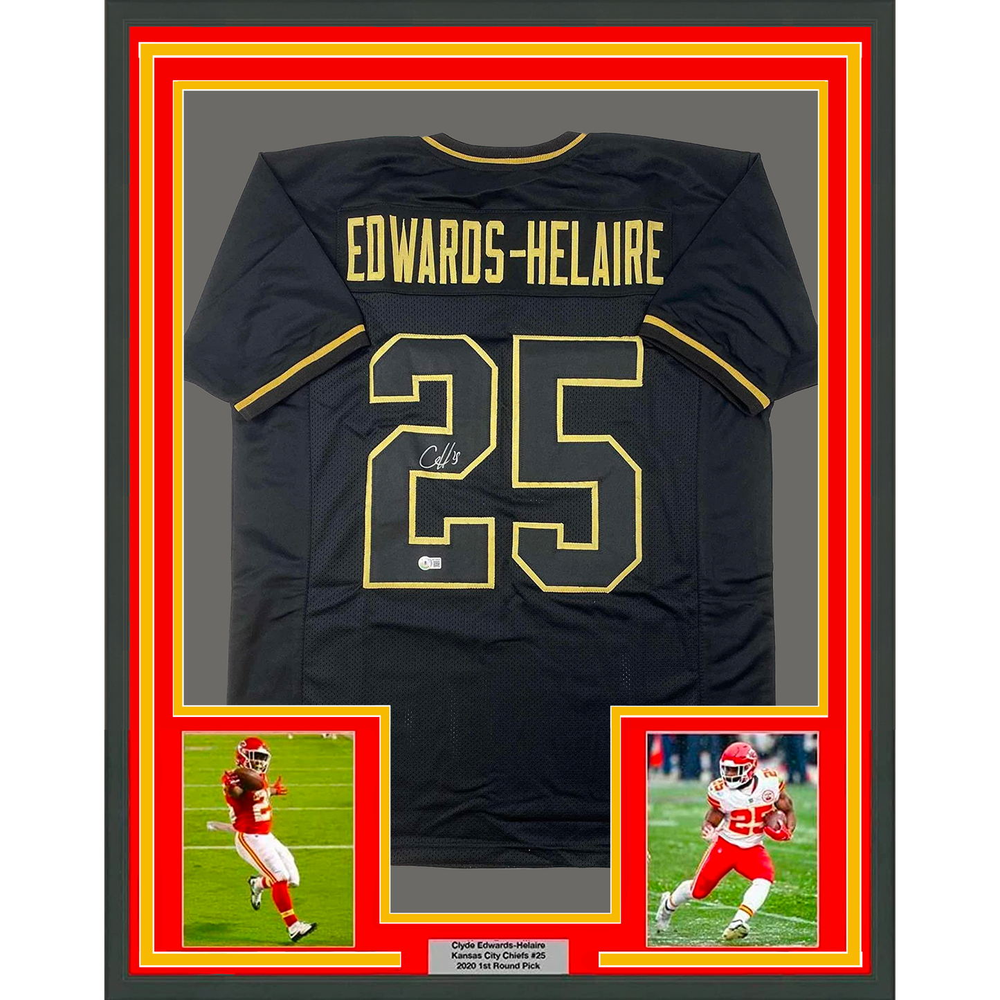Framed Autographed/Signed Clyde Edwards-Helaire 35x39 Kansas City Blackout Football Jersey Beckett BAS COA