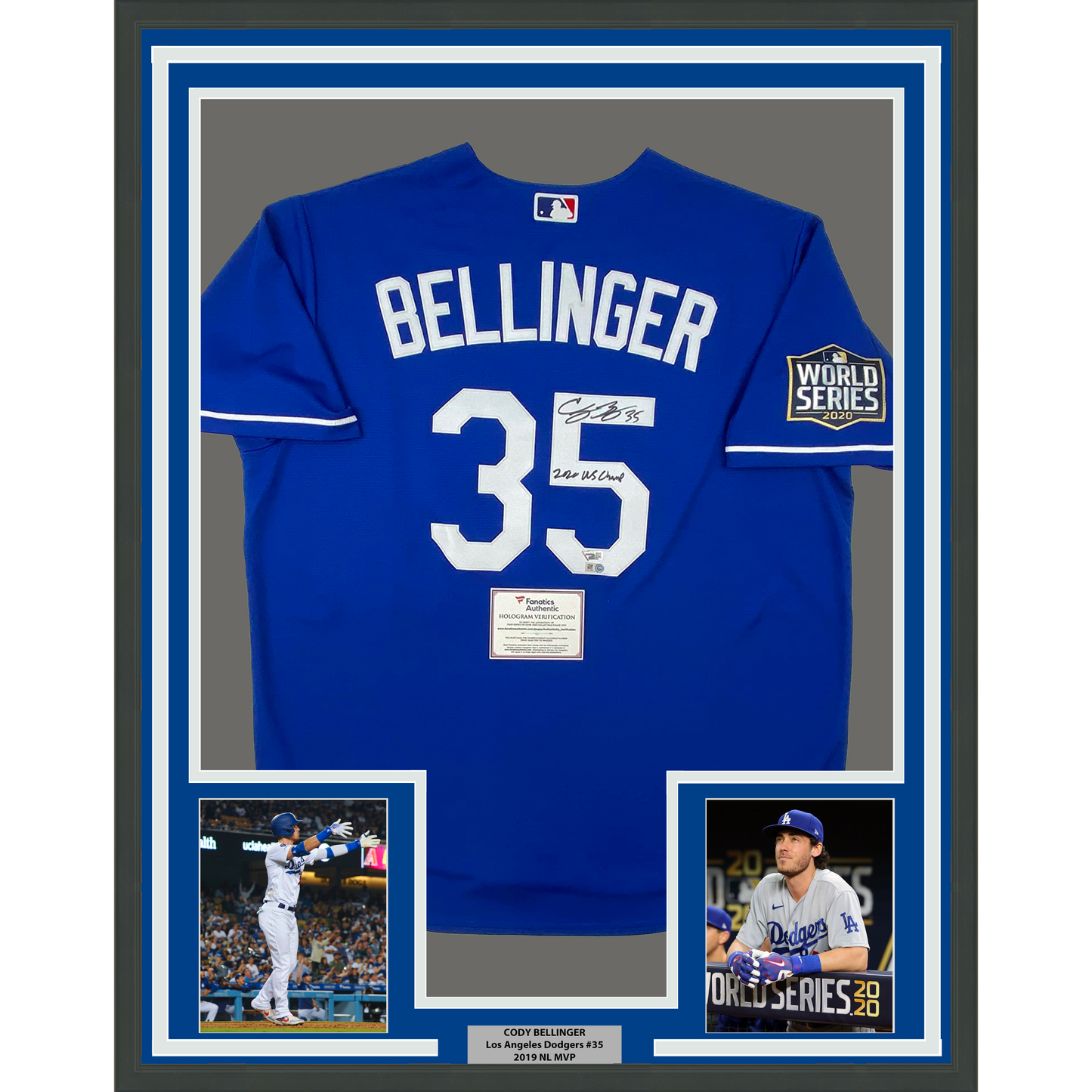 Framed Autographed/Signed Cody Bellinger 35x39 2020 WS Champ Los Angeles LA Dodgers Blue Authentic Baseball Jersey Fanatics COA