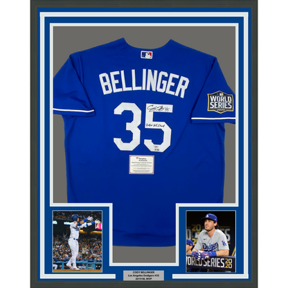 Framed Autographed/Signed Cody Bellinger 35x39 2020 WS Champ Los Angeles LA Dodgers Blue Authentic Baseball Jersey Fanatics COA