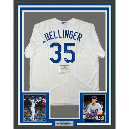 Framed Autographed/Signed Cody Bellinger 35x39 Los Angeles LA Dodgers White Authentic Baseball Jersey Fanatics COA