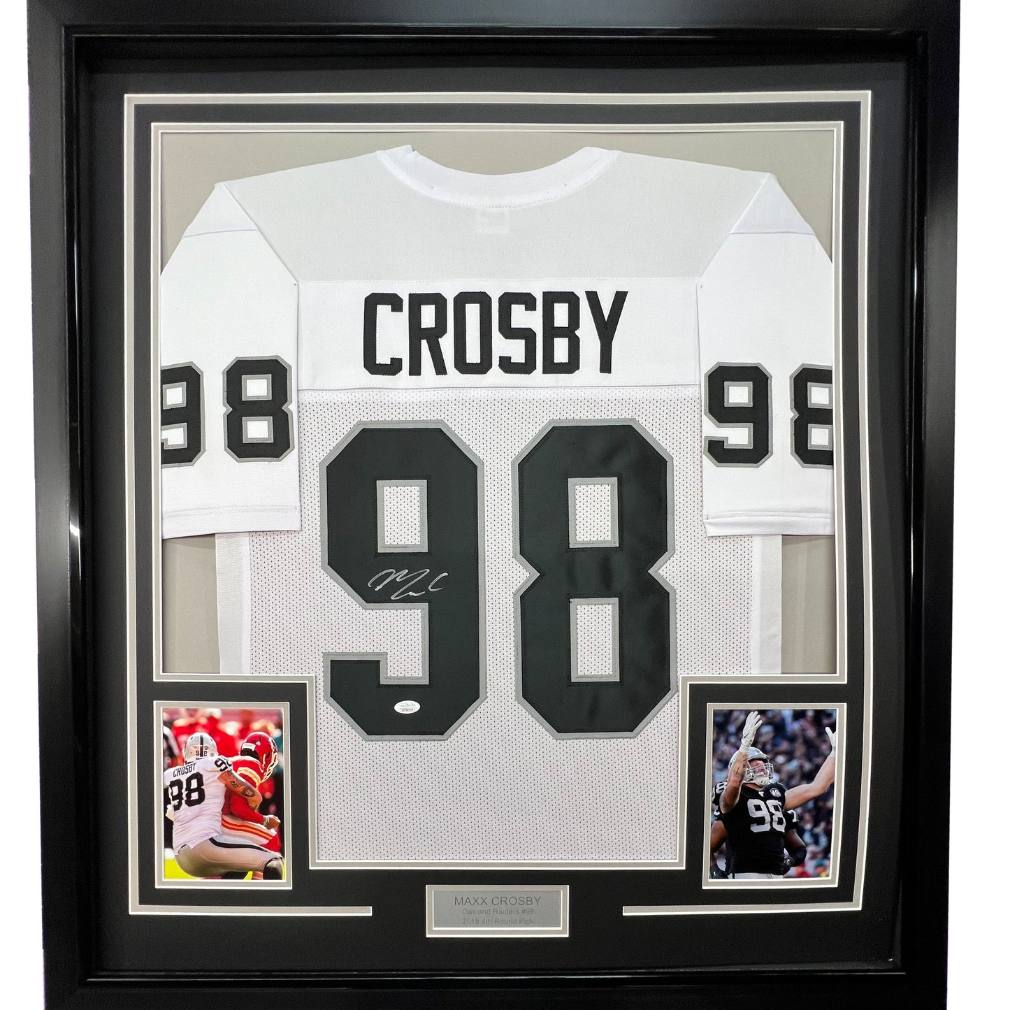 Framed Autographed/Signed Maxx Crosby 35x39 Las Vegas Oakland White Football Jersey Beckett BAS COA