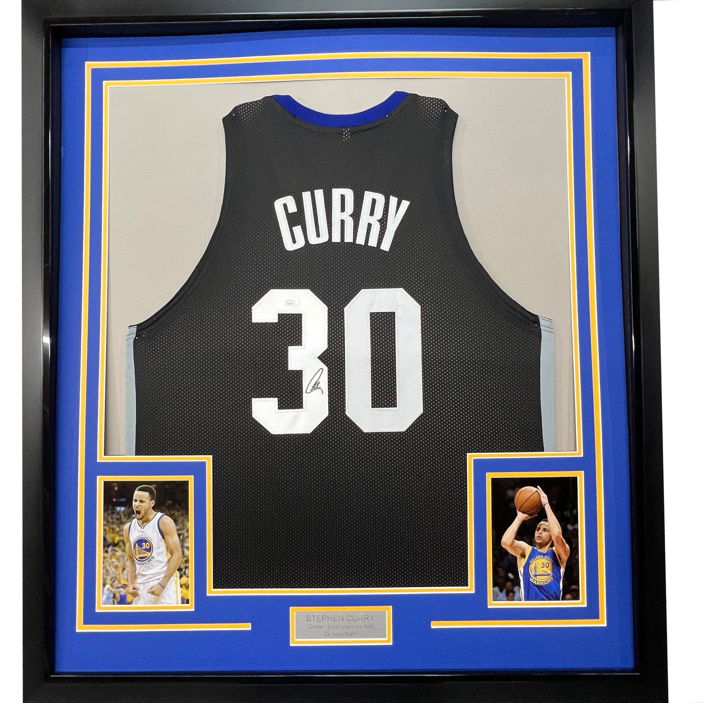 Framed Autographed/Signed Stephen Steph Curry 35x39 Golden State Black Basketball Jersey JSA COA