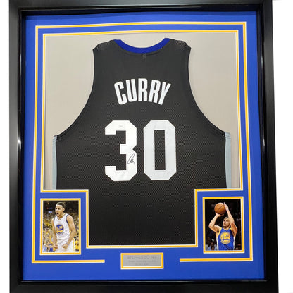 Framed Autographed/Signed Stephen Steph Curry 35x39 Golden State Black Basketball Jersey JSA COA