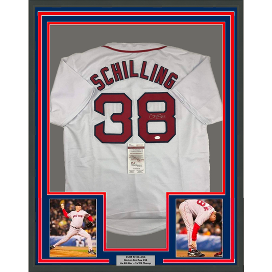 Framed Autographed/Signed Curt Schilling 35x39 Boston White Baseball Jersey JSA COA