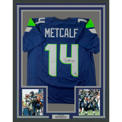 Framed Facsimile Autographed D.K. DK Metcalf 35x39 Seattle Blue Reprint Laser Auto Football Jersey Size Men's XL