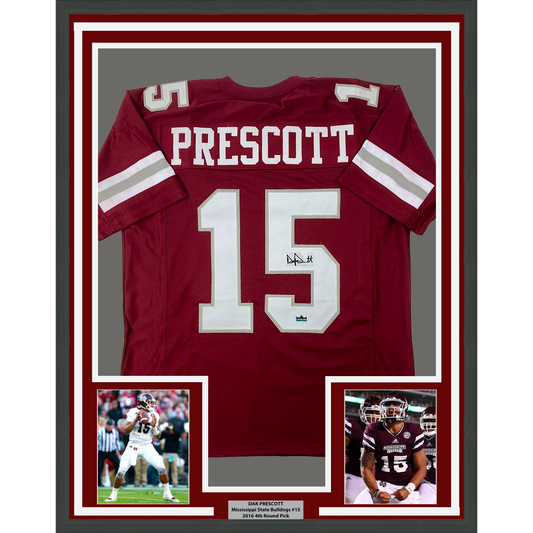 Framed Facsimile Autographed Dak Prescott 35x39 Mississippi State Maroon Reprint Laser Auto College Football Jersey Size Men's XL