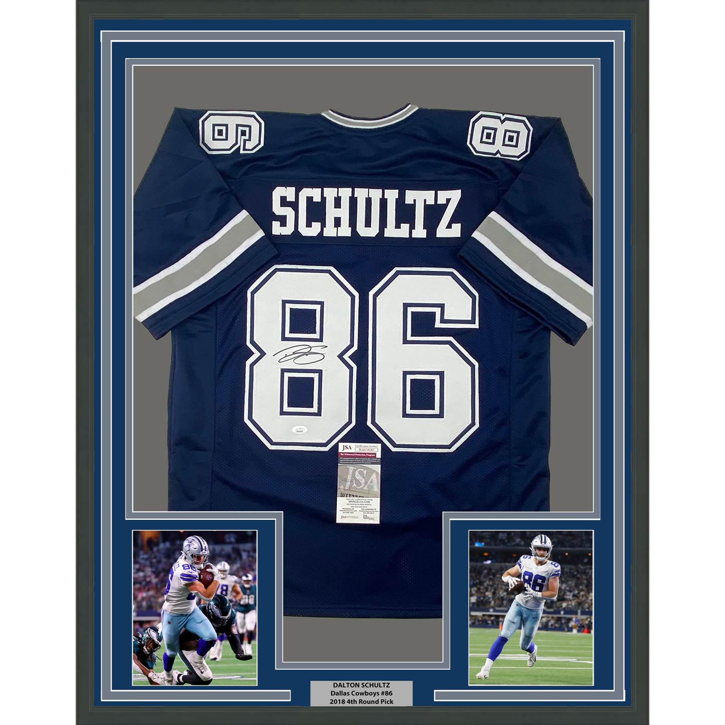 Framed Autographed/Signed Dalton Schultz 35x39 Dallas Dark Blue Football Jersey JSA COA