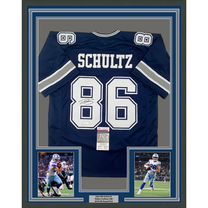Framed Autographed/Signed Dalton Schultz 35x39 Dallas Dark Blue Football Jersey JSA COA