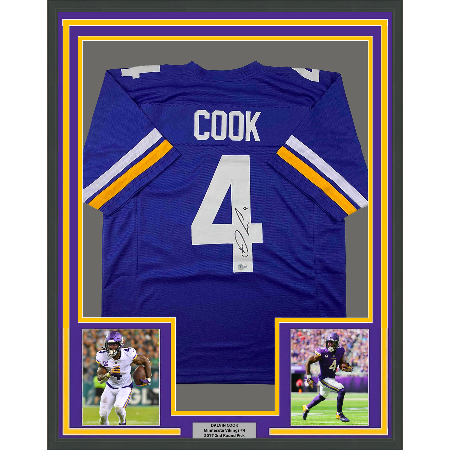 Framed Autographed/Signed Dalvin Cook #4 35x39 Minnesota Purple Football Jersey Beckett BAS COA