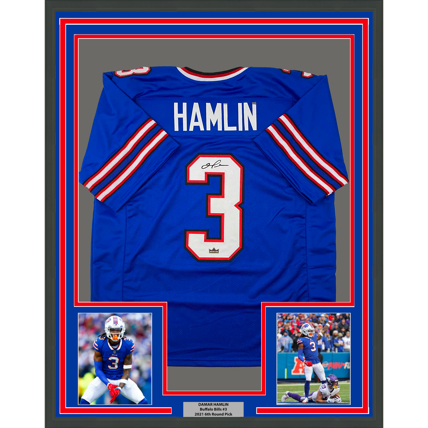 Framed Facsimile Autographed Damar Hamlin 35x39 Buffalo Blue Reprint Laser Auto Football Jersey