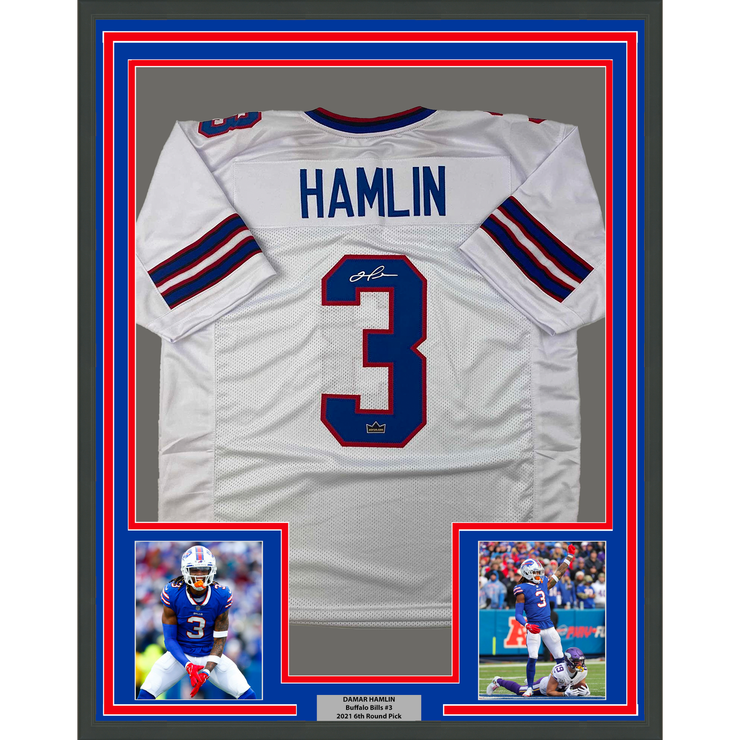 Framed Facsimile Autographed Damar Hamlin 35x39 Buffalo White Reprint Laser Auto Football Jersey
