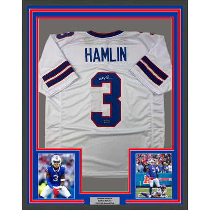 Framed Facsimile Autographed Damar Hamlin 35x39 Buffalo White Reprint Laser Auto Football Jersey