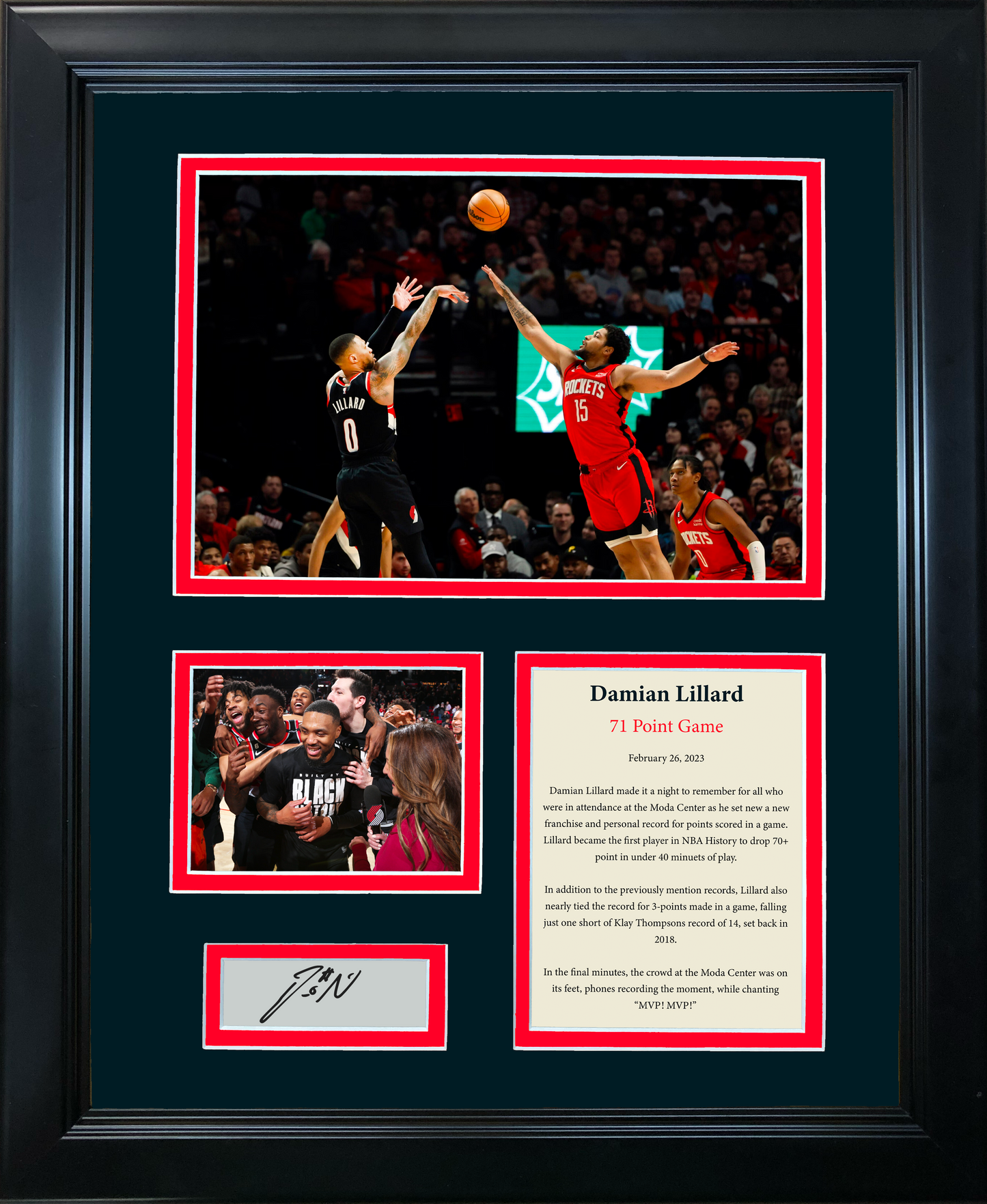Framed Damian Lillard 71 Point Game Facsimile Laser Engraved Signature Auto Basketball Portland Trail Blazers 11"x14" Photo Sig Collage