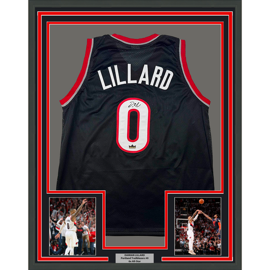 Framed Facsimile Autographed Damian Lillard 35x39 Portland Black Reprint Laser Auto Basketball Jersey