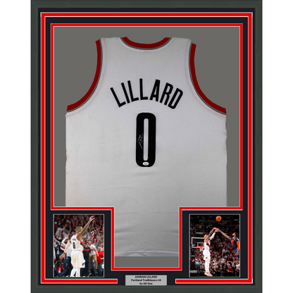 Framed Autographed/Signed Damian Lillard 35x39 Portland White Basketball Jersey JSA COA