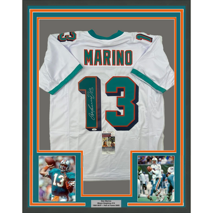 Framed Autographed/Signed Dan Marino 35x39 Miami White Football Jersey JSA COA