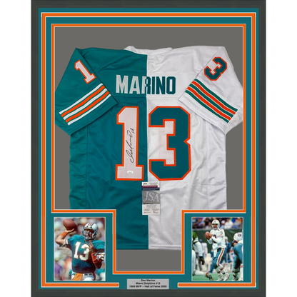 Framed Autographed/Signed Dan Marino 35x39 Miami Split Teal/White Football Jersey JSA COA