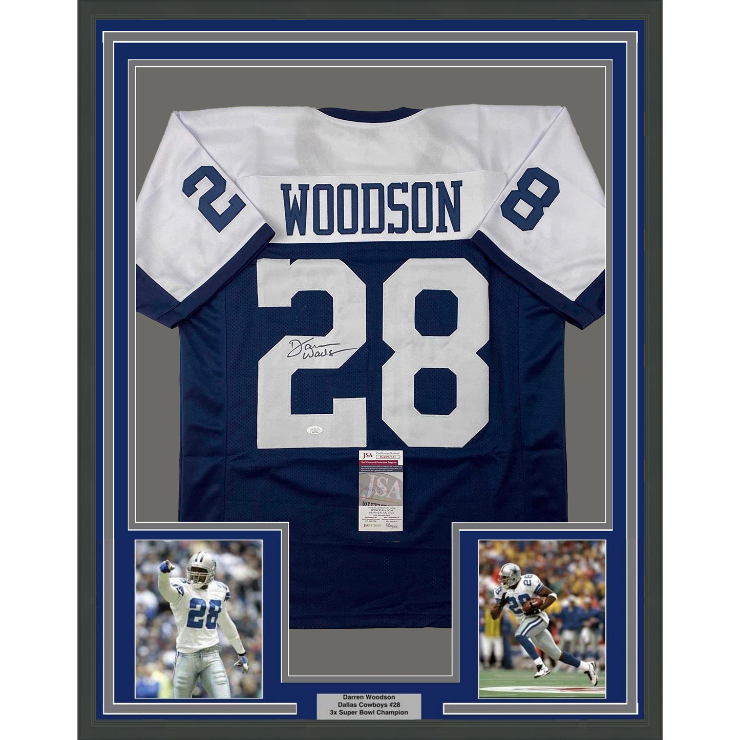 Framed Autographed/Signed Darren Woodson 35x39 Dallas Thanksgiving Day Football Jersey JSA COA