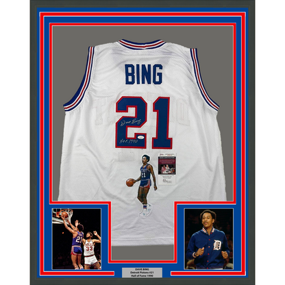 Framed Autographed/Signed Dave Bing 35x39 HOF 1990 Artwork Detroit White Basketball Jersey JSA COA