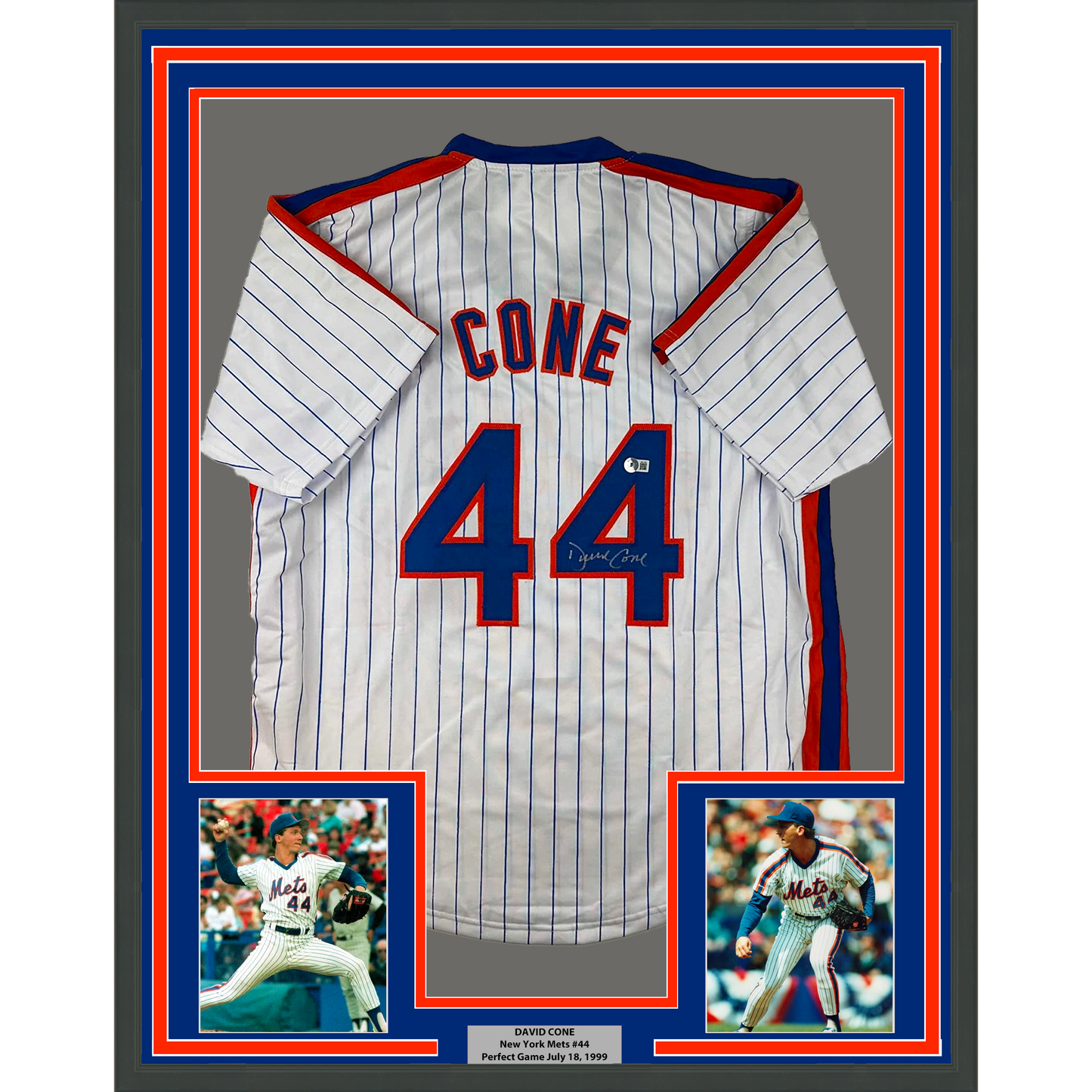 Framed Autographed/Signed David Cone 35x39 New York Pinstripe Baseball Jersey Beckett BAS COA