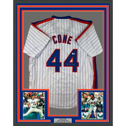 Framed Autographed/Signed David Cone 35x39 New York Pinstripe Baseball Jersey Beckett BAS COA