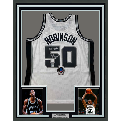 Framed Autographed/Signed David Robinson 35x39 NBA Top 50 San Antonio Spurs White Authentic M&N Basketball Jersey Beckett BAS COA