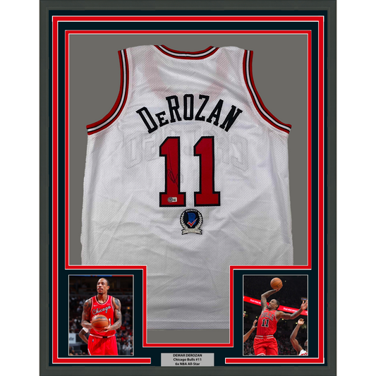 Framed Autographed/Signed DeMar DeRozan 35x39 Chicago White Basketball Jersey Beckett BAS COA
