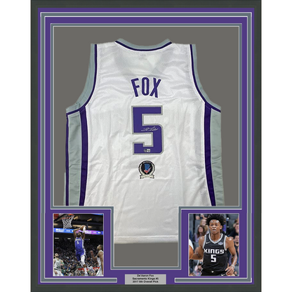 Framed Autographed/Signed De'Aaron Fox 35x39 Sacramento White Basketball Jersey BAS COA