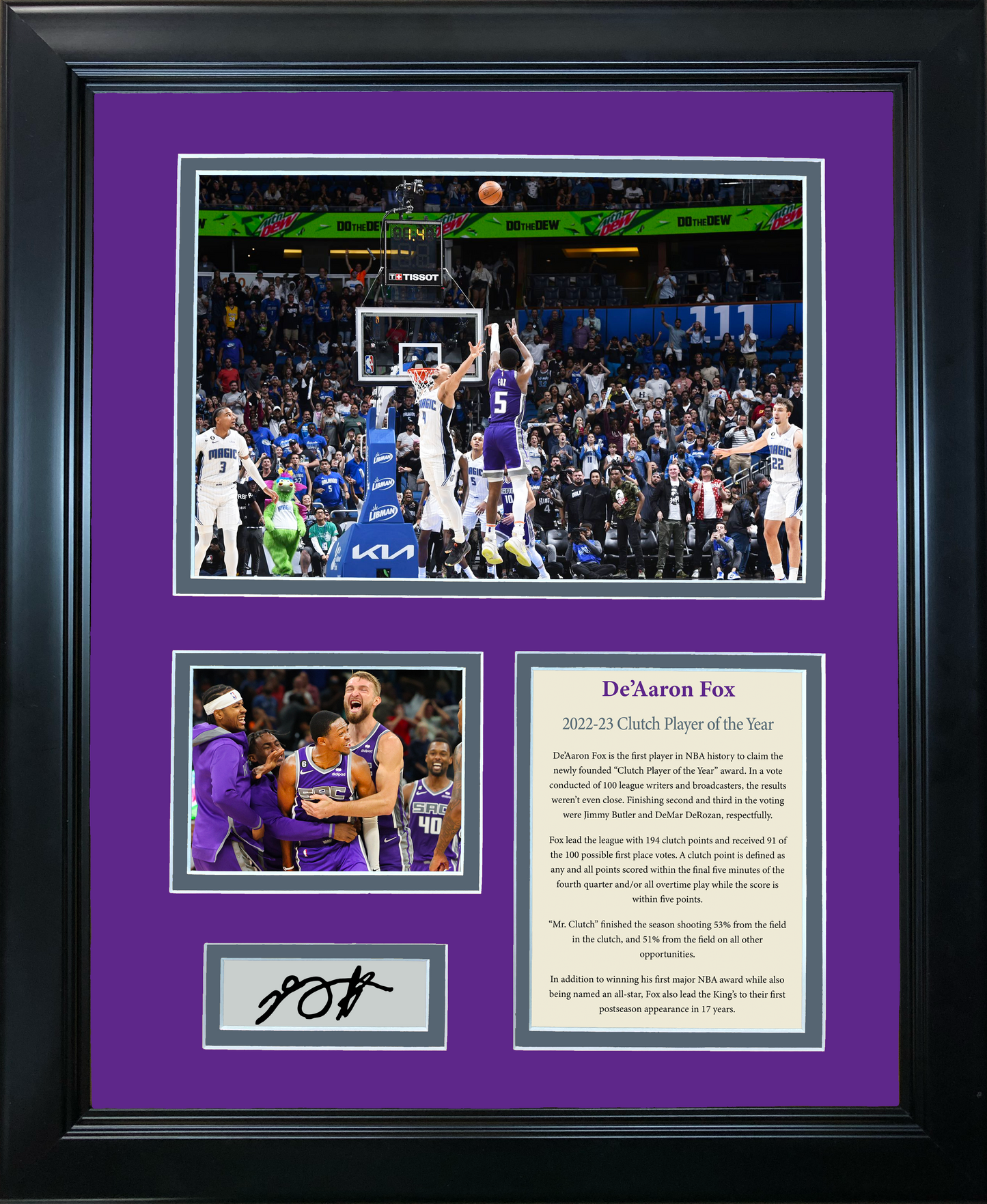 Framed De'Aaron Fox 2022-23 Clutch Player of the Year Facsimile Laser Engraved Signature Auto Sacramento Kings Basketball 11"x14" Photo Sig Collage